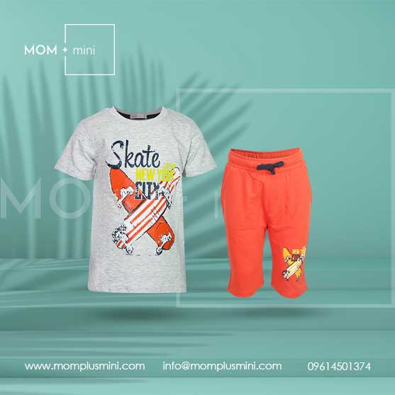 Baby Boys T-Shirt with Half Pant Gray and Orange Skateboard