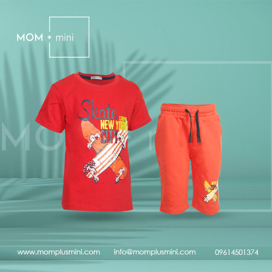 Baby Boys T-Shirt with Half Pant Red and Orange Skateboard