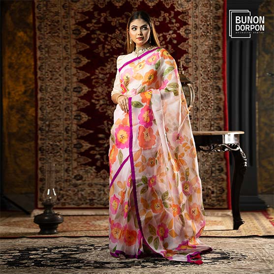 Pink Peony Opulent Floral Hand Painted Silk Saree