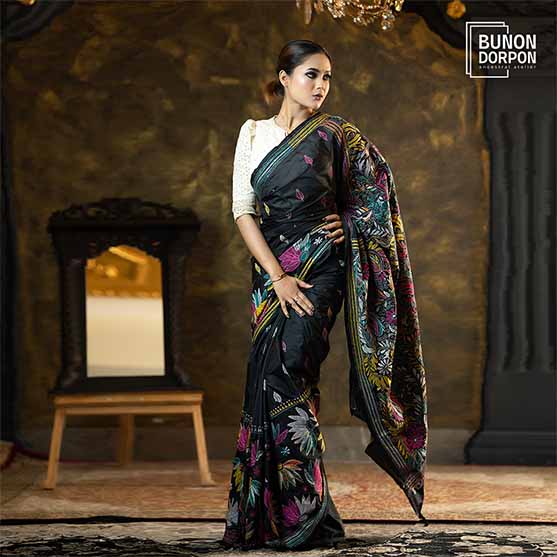 Obsidian Opulence Hand-Embellished Silk Saree