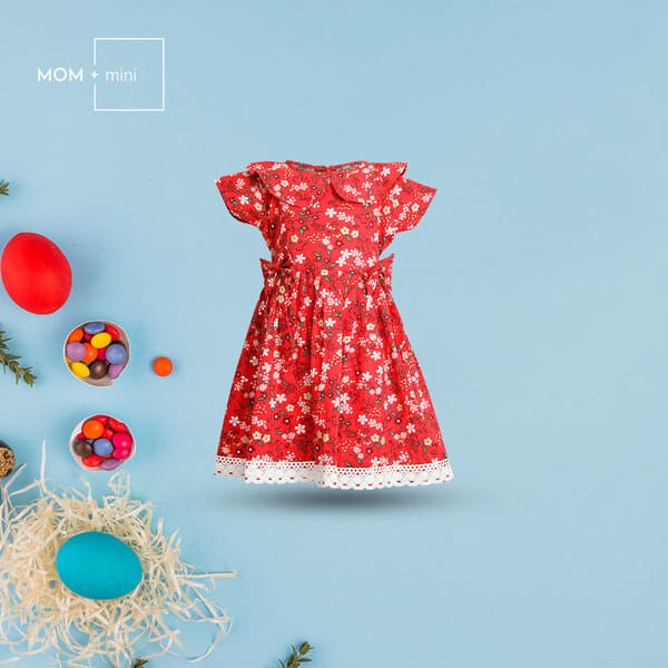 Baby Frock Red Floral Printed with Lace Work Designer Edition