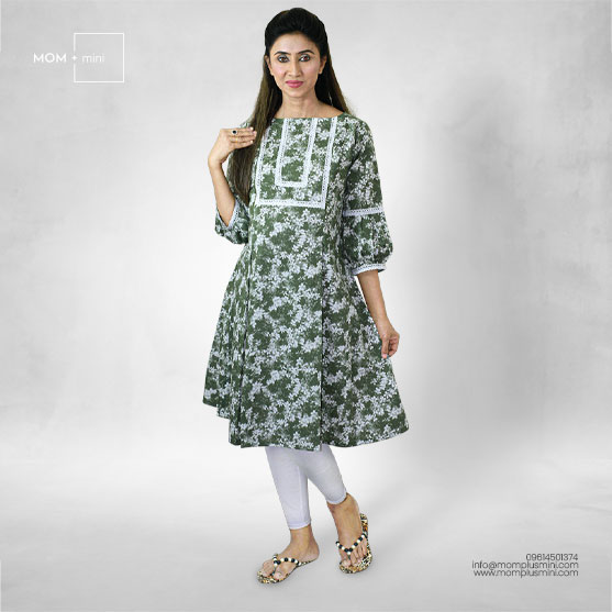 Pregnancy Dress Printed Cotton Olive Green Premium Maternity Kurta