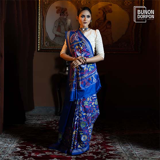 Majestic Marine Hand-Embellished Silk Saree