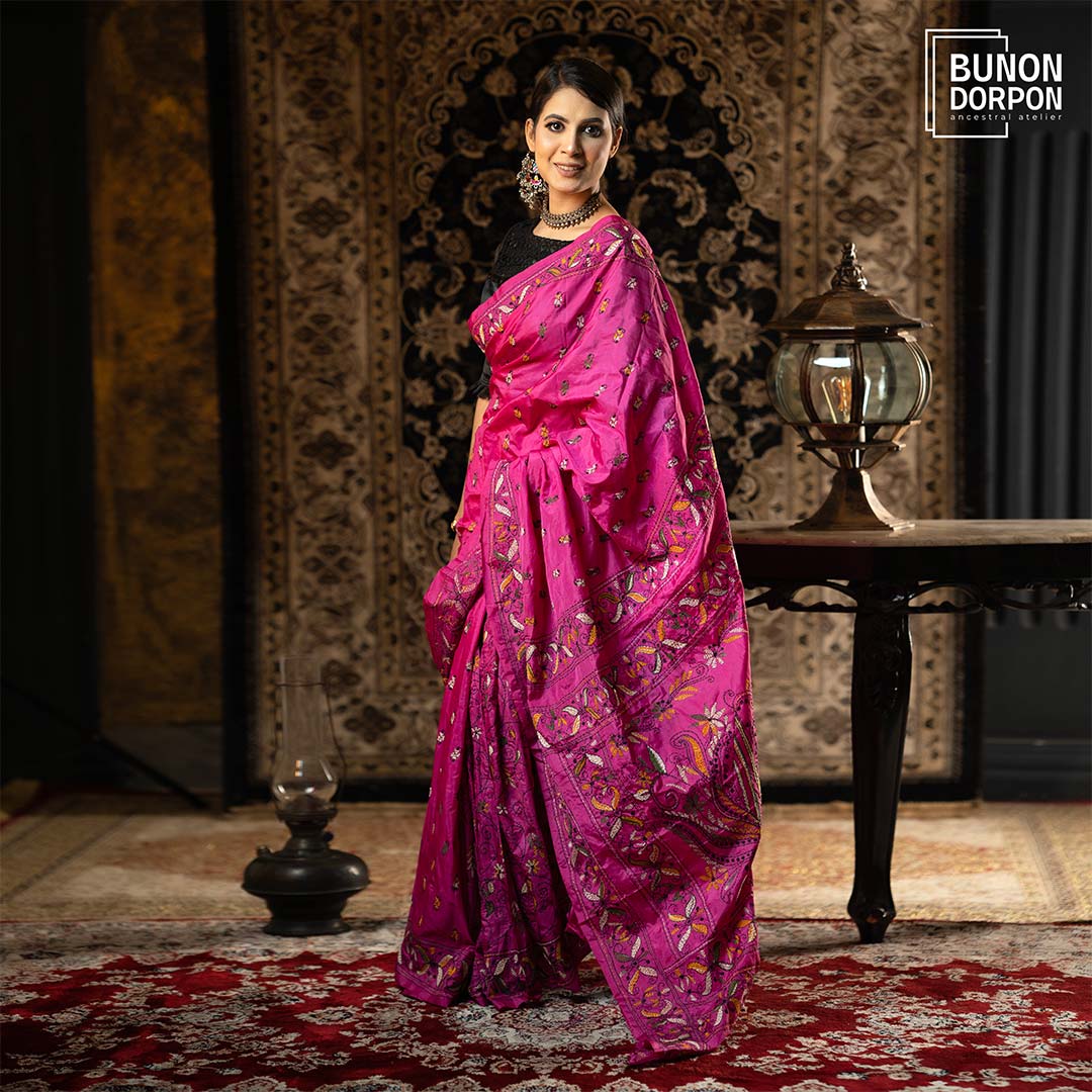 Aristocratic Magenta Hand-Embellished Silk Saree