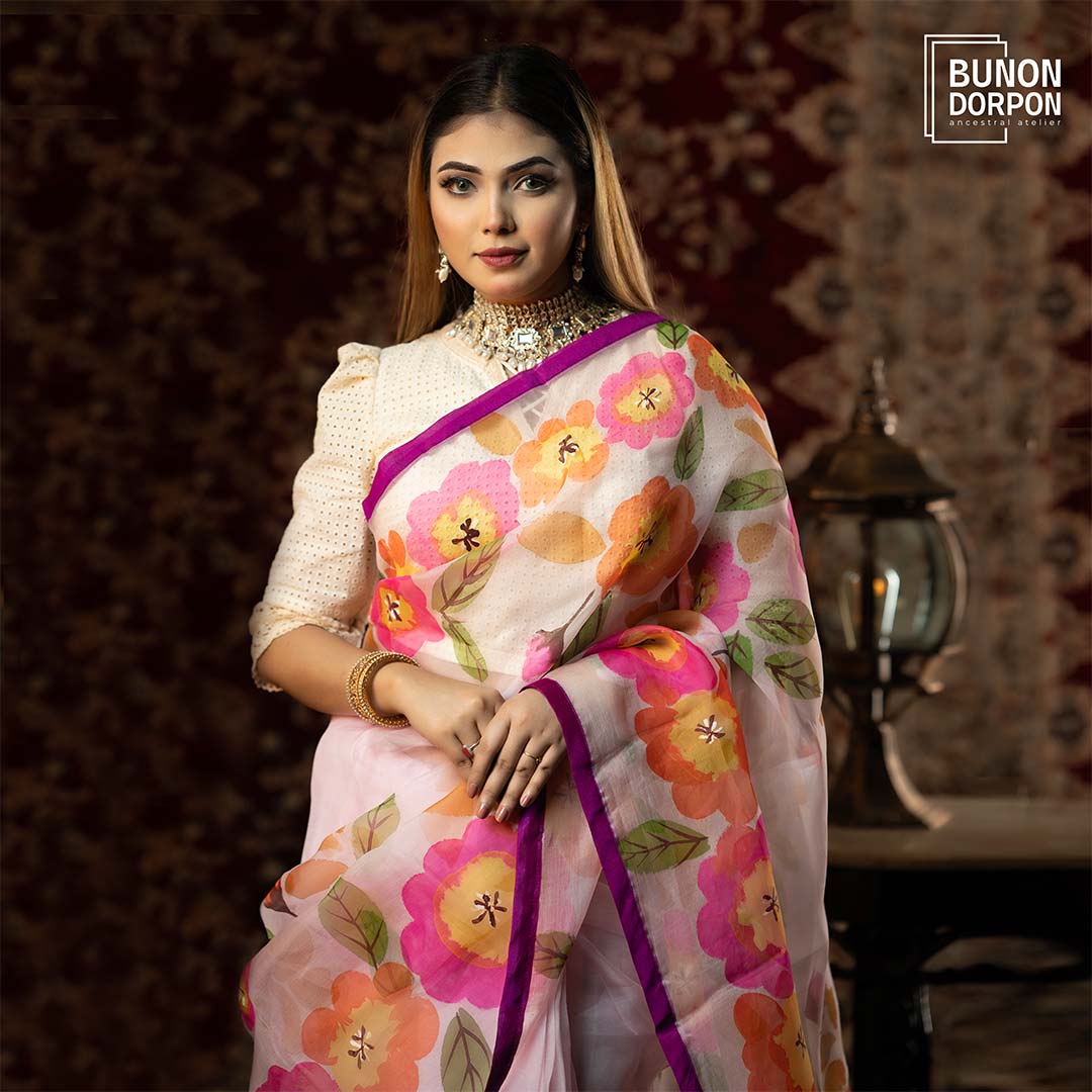 Pink Peony Opulent Floral Hand Painted Silk Saree
