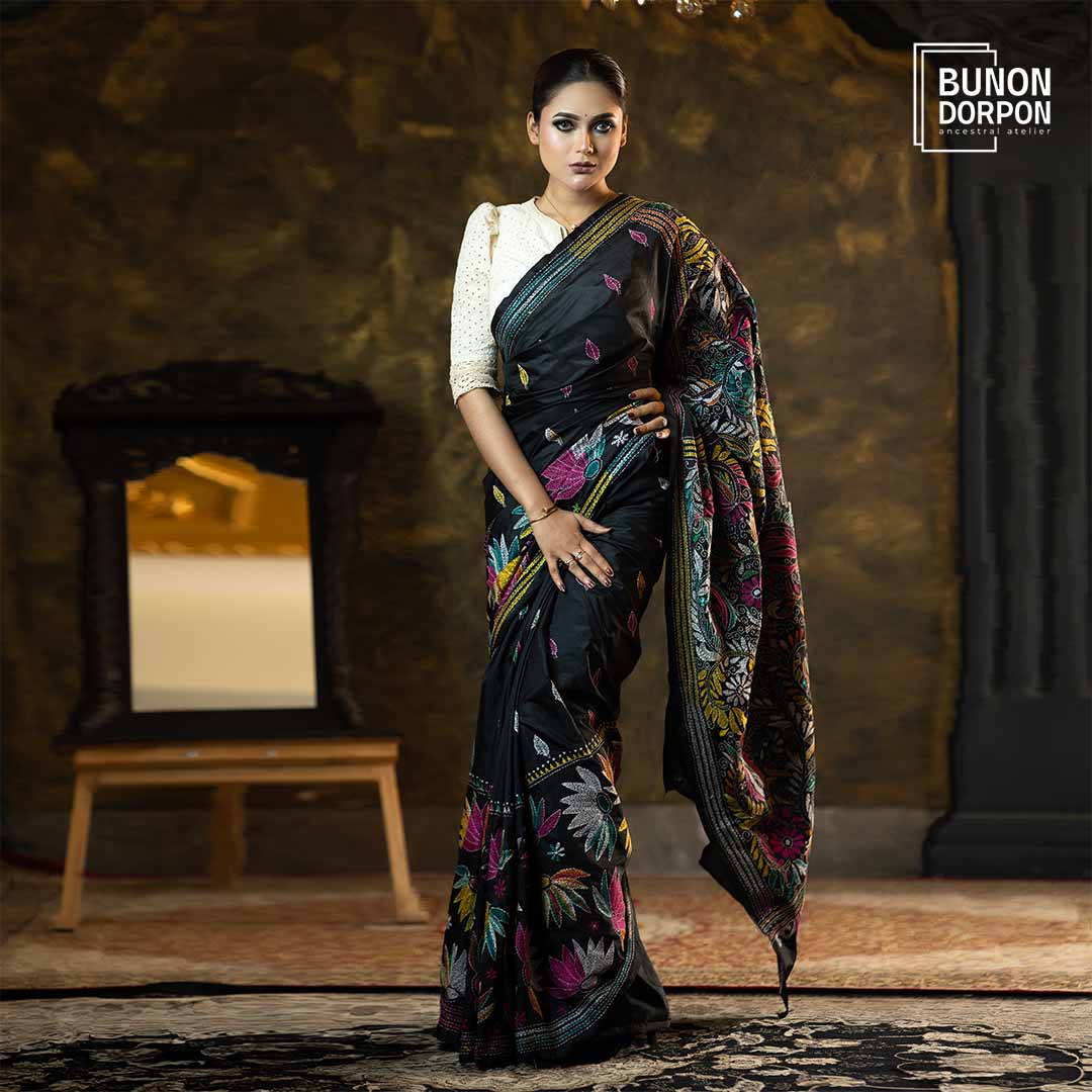 Obsidian Opulence Hand-Embellished Silk Saree
