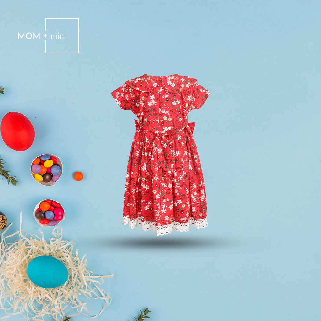 Baby Frock Red Floral Printed with Lace Work Designer Edition